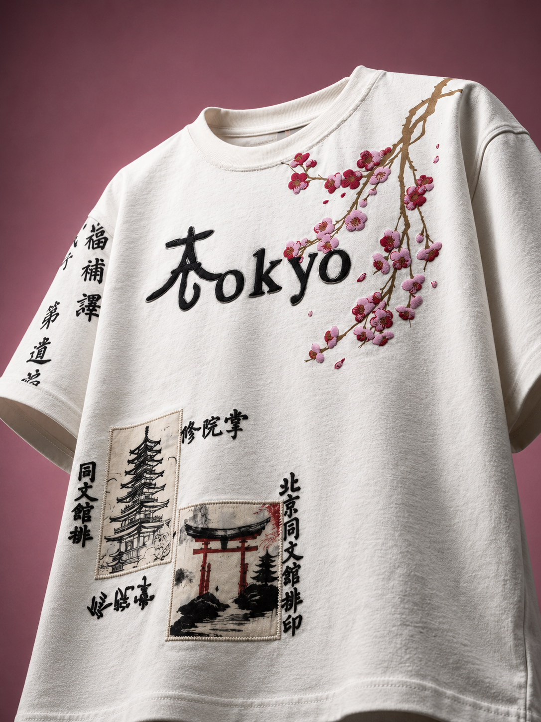 Tokyo Blossom Embroidery Premium Boys Relaxed Fit T-Shirt – White