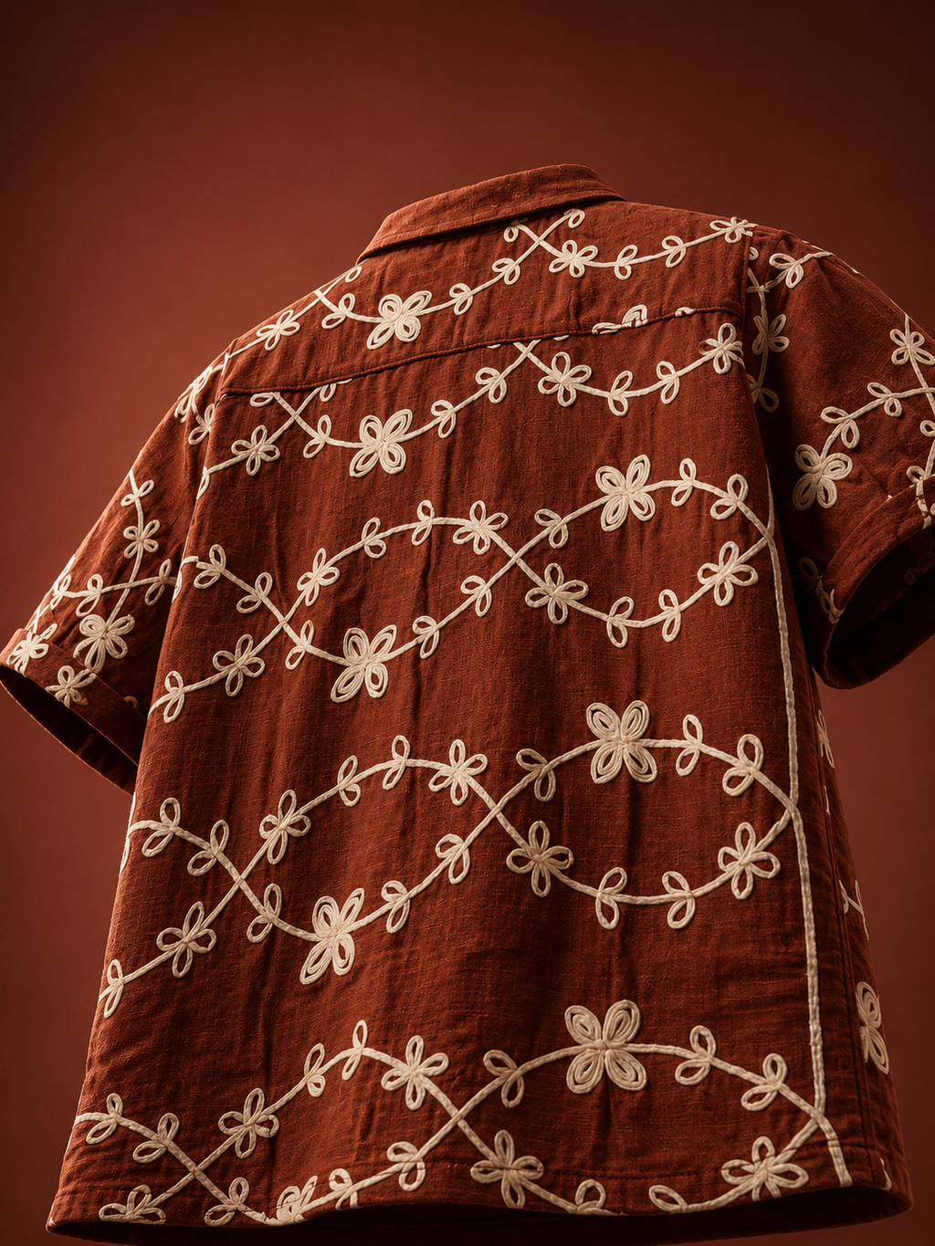 Rust Brown Premium Embroidered Boys Cuban Collar Shirt