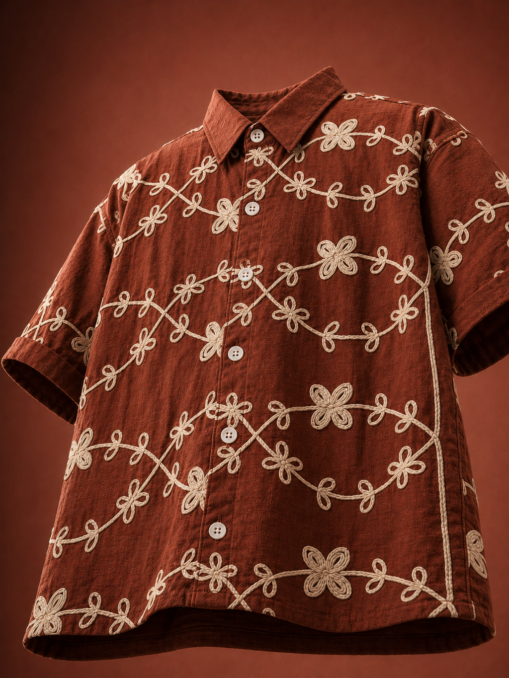 Rust Brown Premium Embroidered Boys Cuban Collar Shirt