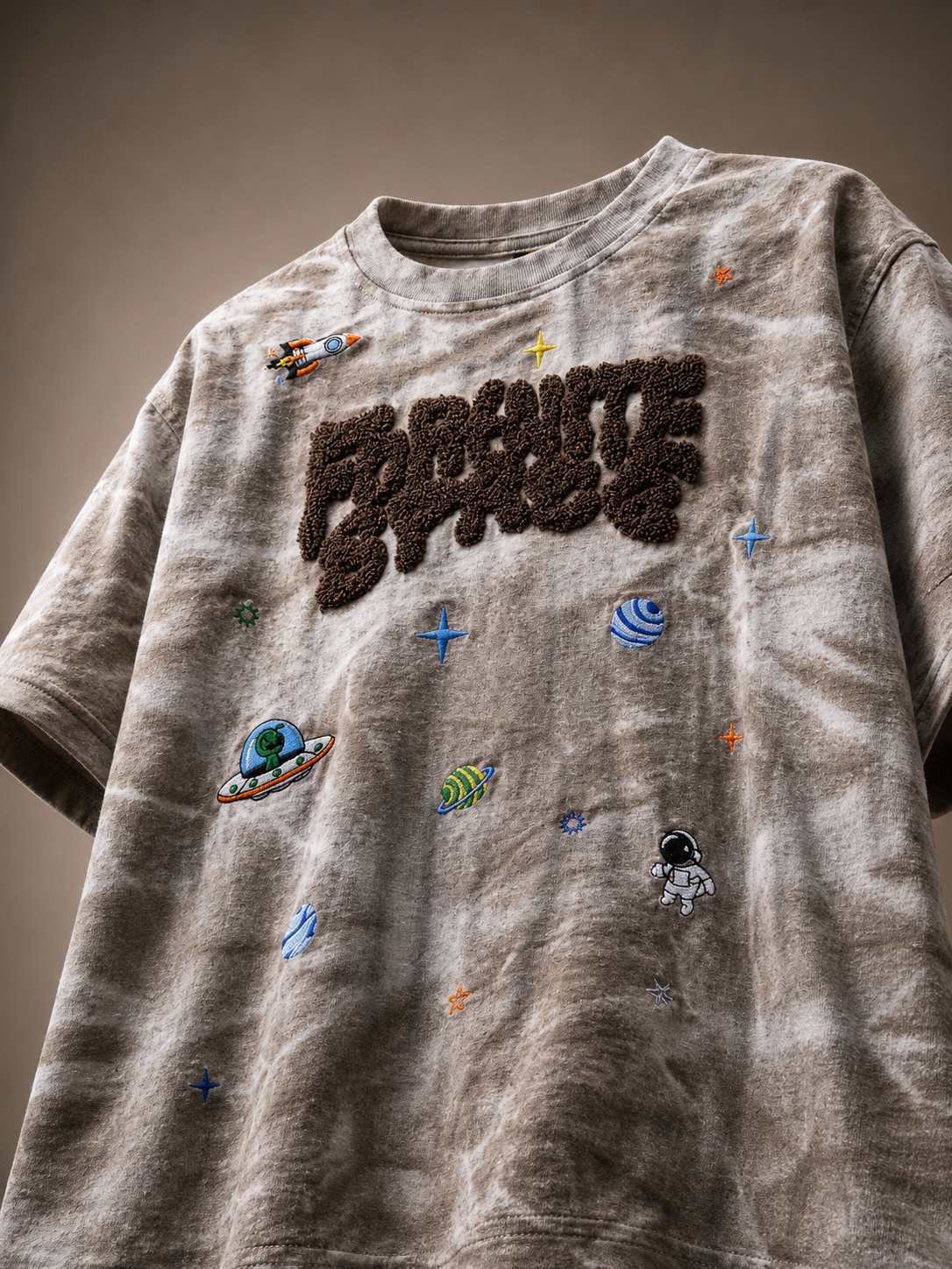 Fortnite Space Premium Embroidered Boys Relaxed Fit T-Shirt – Washed Grey