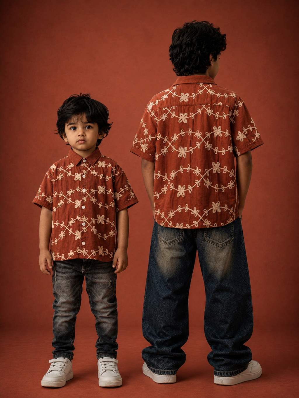 Rust Brown Premium Embroidered Boys Cuban Collar Shirt