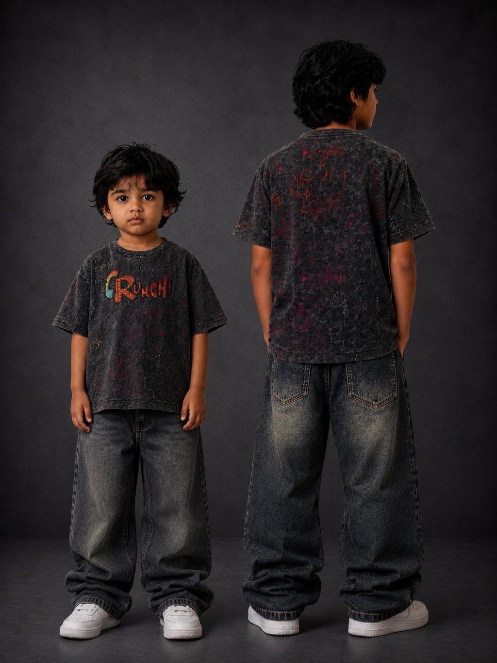 Crunch Premium Embroidered & Ripped Boys Relaxed Fit T-Shirt – Washed Black